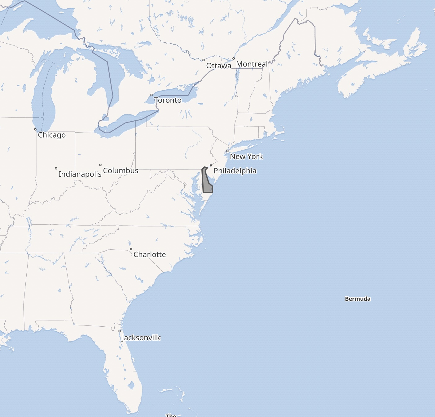 Map of U.S. east coast with
      Delaware highlighted
